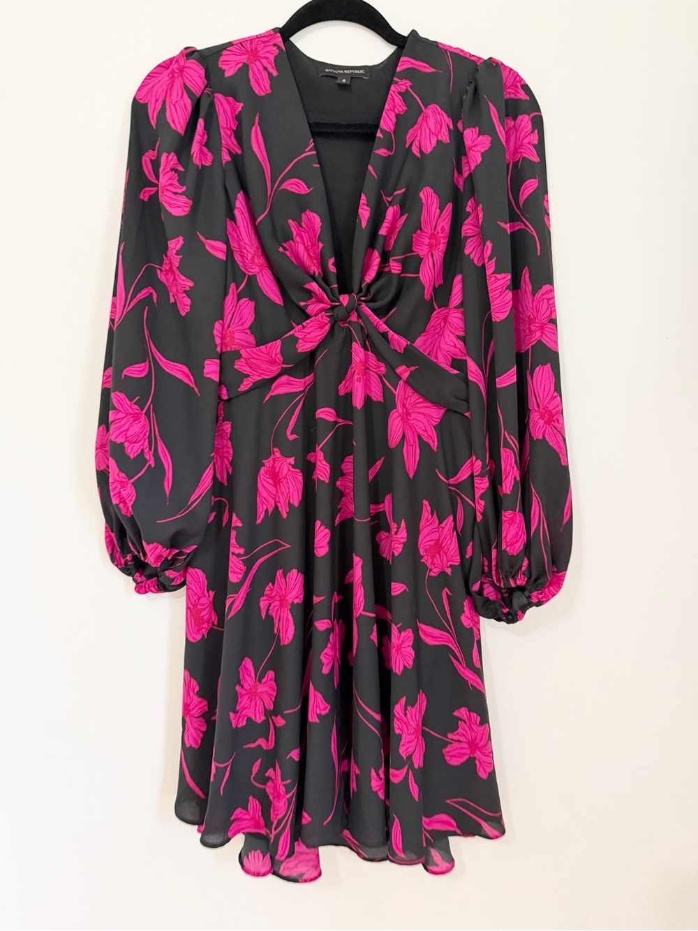 Banana Republic Petite Black Pink Floral Balloon Sleeve Dress Size 0